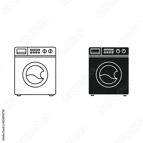Two washing machine icons one in outline and one in solid black on a white background