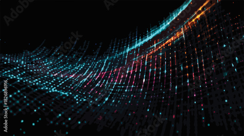 어두운 배경 위에서 역동적으로 움직이는 파란색과 주황색의 디지털 데이터 흐름 또는 광선 추상 벡터 배경 디자인.