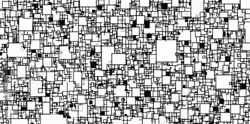 무작위로 배열된 흑백 사각형들의 복잡하고 추상적인 기하학적 패턴 배경 디자인입니다.