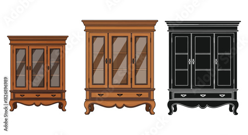 Three cabinets with glass doors and drawers in different styles shown