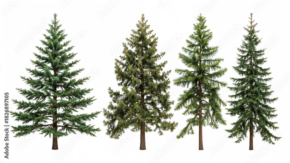 Obraz premium A row of four pine trees with varying shapes and sizes.