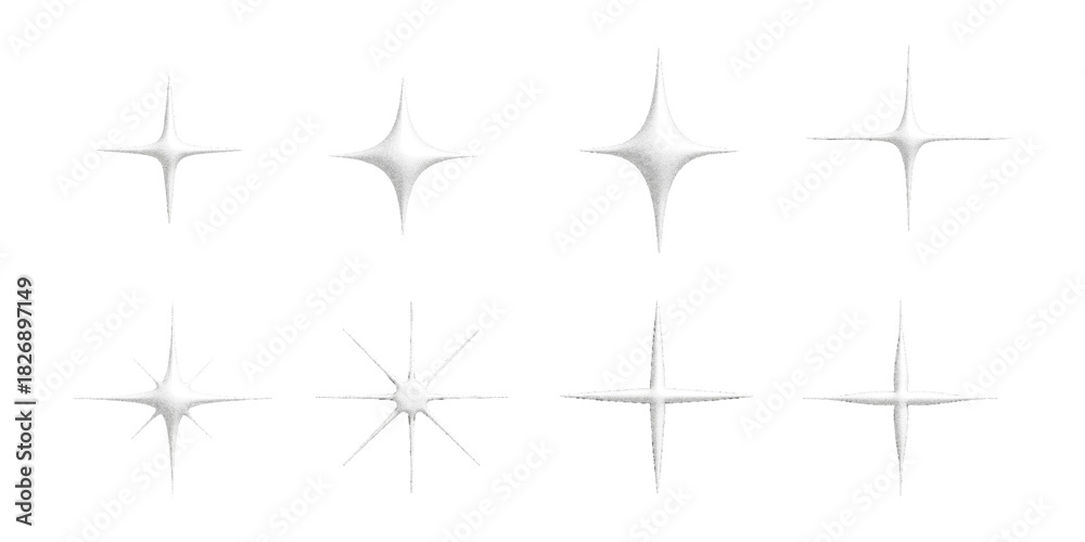 Naklejka premium Set of grainy sparkle stars with soft glow and halftone texture. Minimal light bursts and radiant highlights for decoration, clean graphic accents, twinkle effects and abstract shimmering design