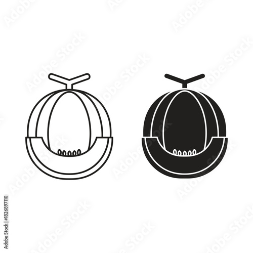 Two stylized icons of a cantaloupe melon one outlined and one solid black