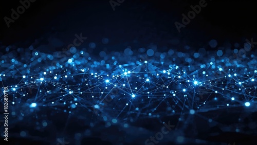 Digital network connections with bright blue light points and lines, representing technology, data transfer, and communication networks.