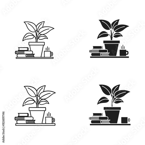 Four stylized illustrations of potted plants on shelves with books and pens
