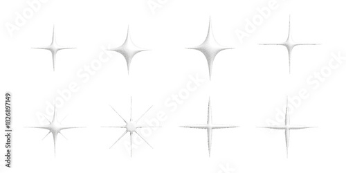 Set of grainy sparkle stars with soft glow and halftone texture. Minimal light bursts and radiant highlights for decoration, clean graphic accents, twinkle effects and abstract shimmering design