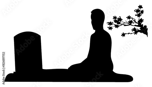 Silhouette of person at grave with tree branch in black and white art