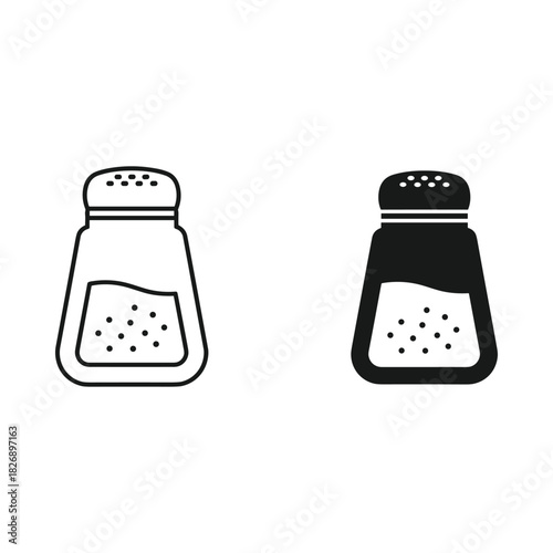Simple outline and solid black icons of salt and pepper shakers