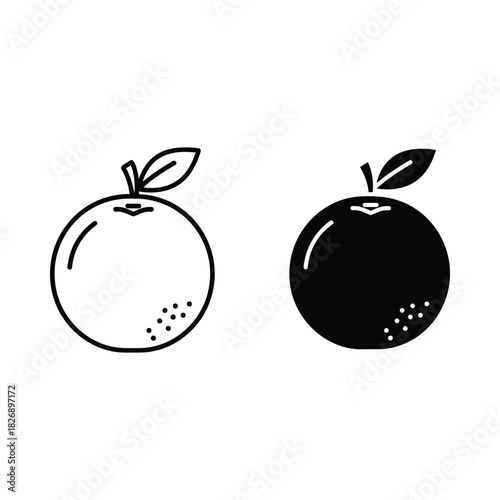 Simple line art and silhouette of an orange fruit with a leaf