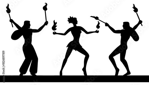 Three figures performing with fire in a black and white silhouette art