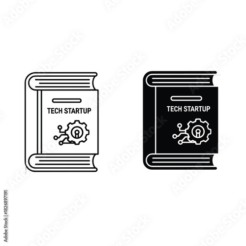 Two stylized book icons representing tech startup and kickstarter with gear and circuit board elements