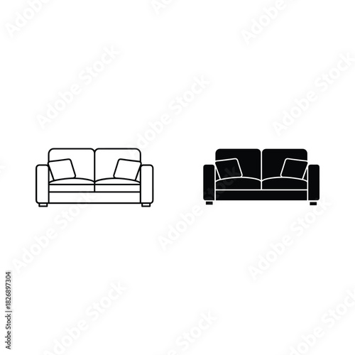 Two views of a modern sofa one in outline and one in silhouette