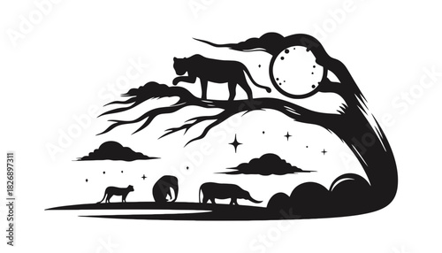 Silhouette of animals under a tree with moon and stars illustration