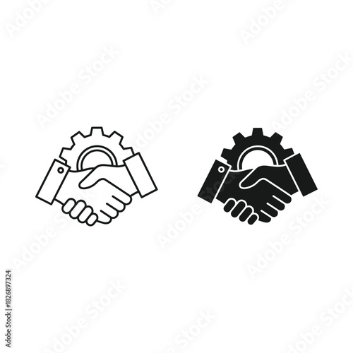 Two handshake icons with a gear in the center in outline and solid black styles
