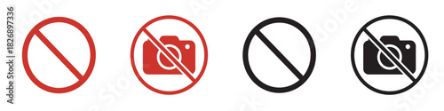 No photography icon set. Minimal linear and solid styles with clean camera and prohibition mark details. Symbol of no photos, restricted shooting and image ban – stock vector
