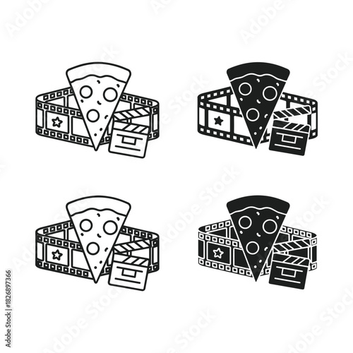 Four stylized icons combining pizza slices and film reels with clapperboards