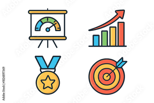 Business performance icons showing growth, achievement, and targets performance board icons