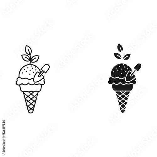 Two stylized ice cream cones one in outline and one in solid black with leaves and a spoon