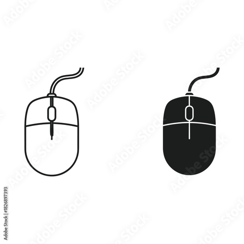 Simple outline and solid silhouette icons of a computer mouse with a cord