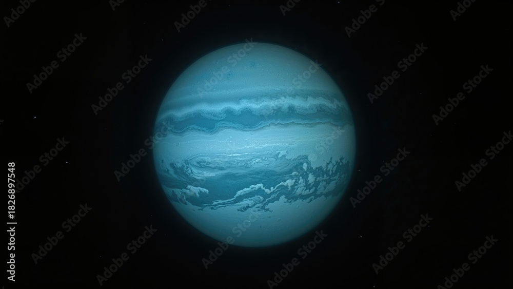 Naklejka premium Blue planet Jupiter from space with cloud bands and storms. Astronomy, planetary science, and space exploration. The concept of planetary features and space observation.