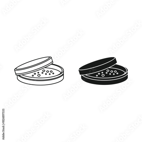 Two petri dishes with cultures shown in outline and silhouette for science and research