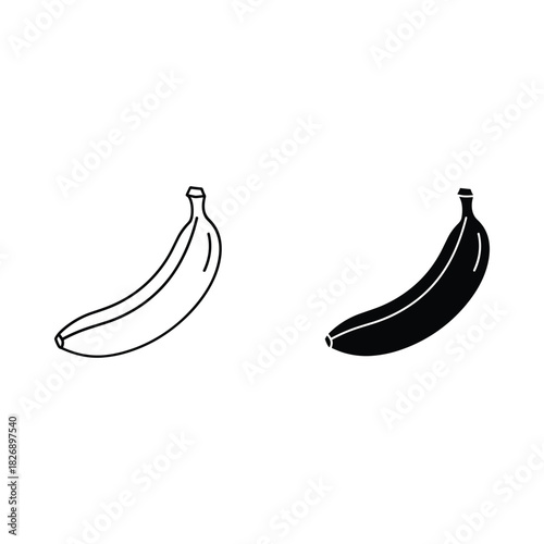 Simple outline and silhouette of a banana on a white background