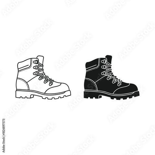 Black and white illustration of a rugged hiking boot and a detailed silhouette of a combat boot
