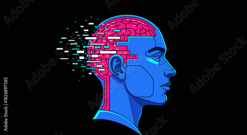 This compelling digital artwork portrays a stylized human profile with a fragmenting brain, symbolizing the intricate interplay between advanced technology, data, and consciousness.