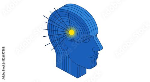 A blue human head profile with a glowing yellow spot on the temple, radiating lines and waves, symbolizing migraine, headache, or intense mental focus.
