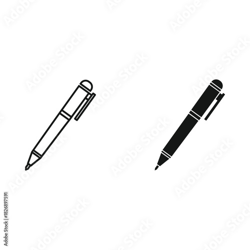 Two simple line art illustrations of a pen one in outline and one in solid black