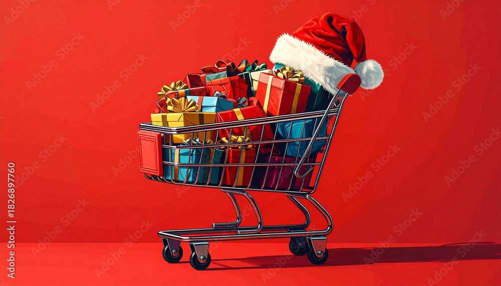 Fototapeta premium Un carrito de supermercado lleno de paquetes de regalo decorados con lazo, con un gorro de Papá Noel, aislado sobre fondo rojo para publicidad de compras de navidad