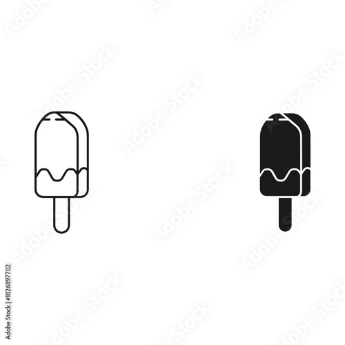 Two simple line art and silhouette icons of a chocolate covered popsicle on a stick