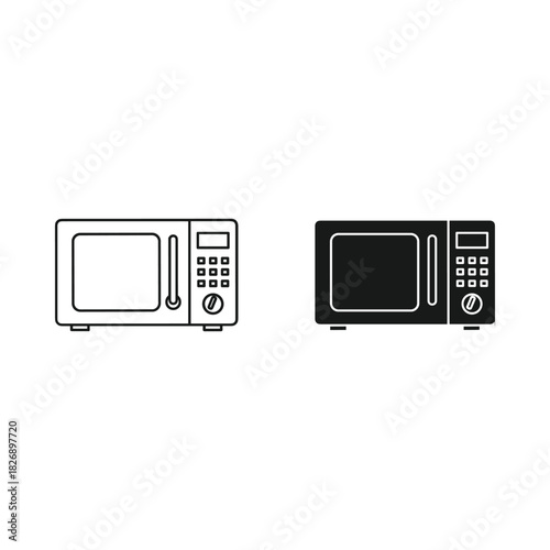 Simple line drawing and silhouette of a modern microwave oven