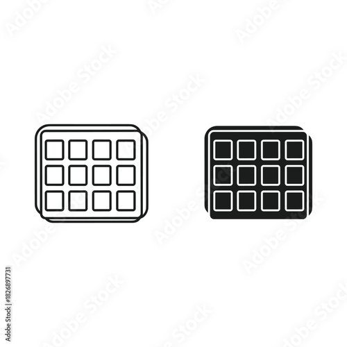 Two simple icons representing a waffle one outline and one solid black