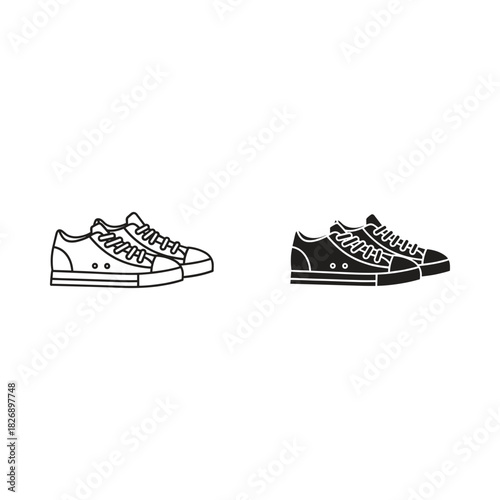 Pair of classic canvas sneakers side by side in outline and silhouette