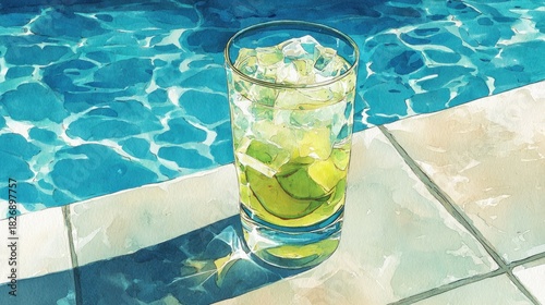 A glass of refreshing drink, by a pool