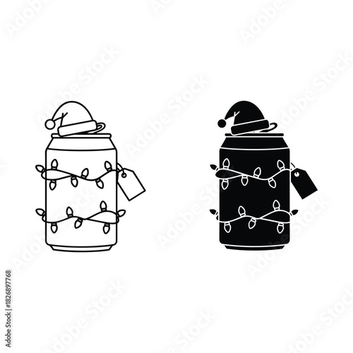 Christmas beer can with santa hat and string lights in black and white outline and silhouette