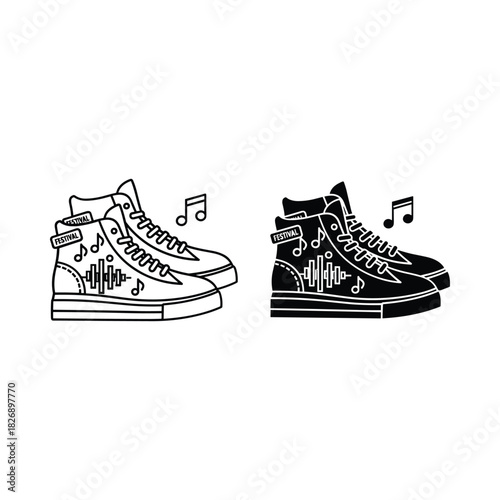 Stylized high top sneakers with musical notes illustrating a beat or rhythm