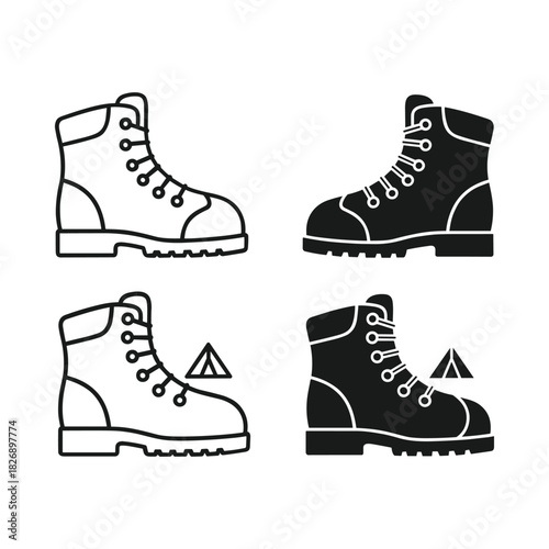 Set of four boot icons two outlines and two solid black with and without warning symbols
