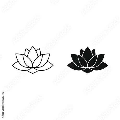 Simple outline and silhouette of a lotus flower on a white background