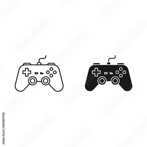 Two video game controllers one outlined and one solid black isolated on white background