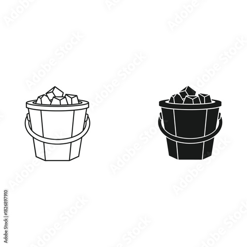 Two stylized buckets filled with ice cubes in a simple black and white illustration