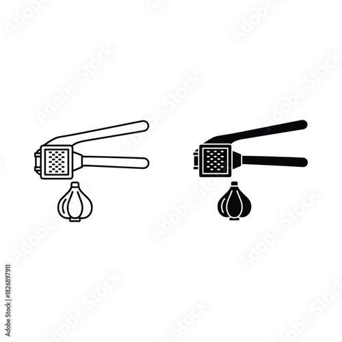 Simple line art and silhouette icons of a garlic press with garlic bulb