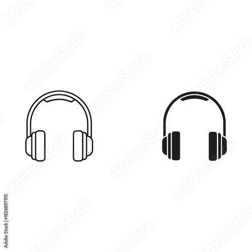 Two simple line art icons of headphones in black and white