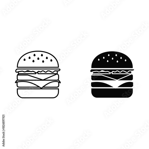 Two stylized hamburger icons one outlined and one solid black on a white background