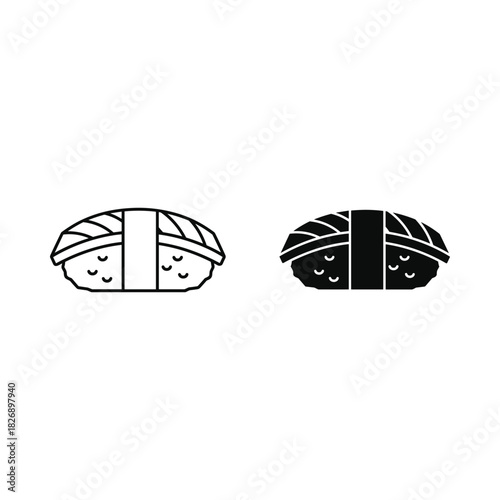 Two stylized sushi nigiri icons one outlined and one solid black