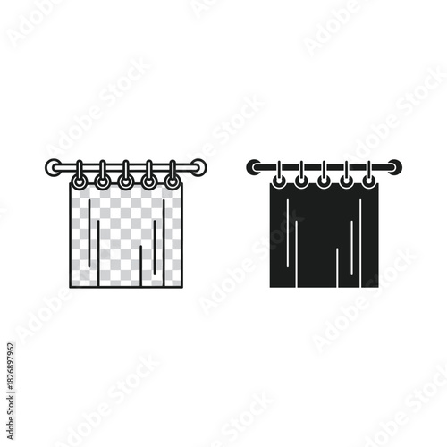 Two simple line art icons of curtains hanging on a rod one transparent and one solid black