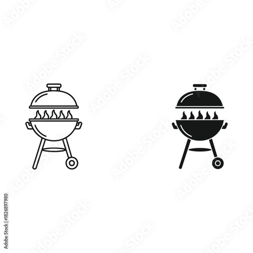 Two barbecue grills one line art and one solid black icon on white background