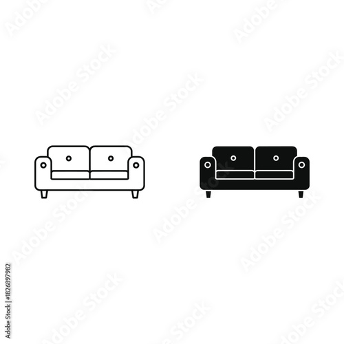Modern sofa icon set in black and white outline and silhouette