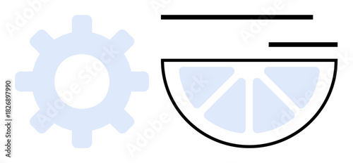 Abstract combination of a gear and lemon slice with linear accents suggesting innovation, mechanics, and fresh thinking. Ideal for design, creativity, engineering, productivity, ideas, strategy